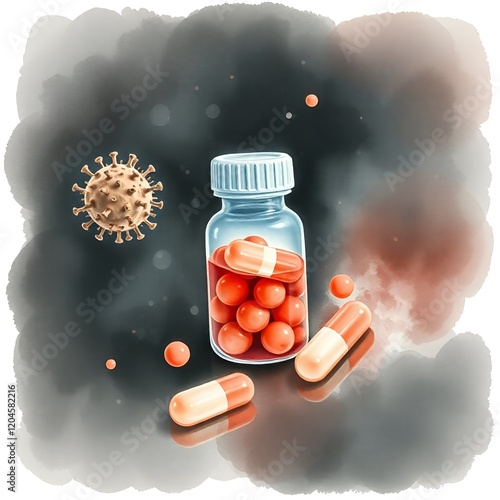 Artistic illustration of antiviral medication bottle with pills and virus particles on a textured background photo