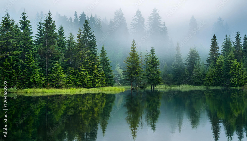 Pine Trees in a Foggy Forest Landscape Scene Pine Trees in a Foggy Forest Landscape Scene