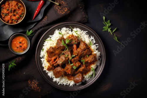 Wallpaper Mural Indian cuisine Madras beef and basmati rice showcased in a horizontal aerial view Torontodigital.ca