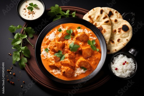 Indian cuisine with butter chicken basmati rice naan bread and spices in bowl Background is black with space for text Top view of traditional dish Chicken tik photo