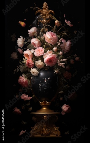 Opulent Still Life Baroque Vase with Pink Flowers and Gold Accents