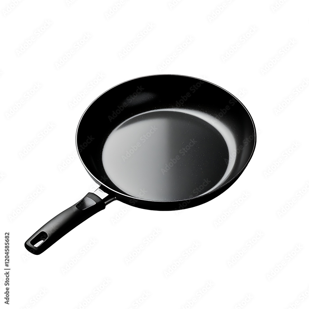 A black fry pan placed over a white background, with a smooth, glossy surface reflecting light. A black fry pan placed over a white background, with a smooth, glossy surface reflecting light.