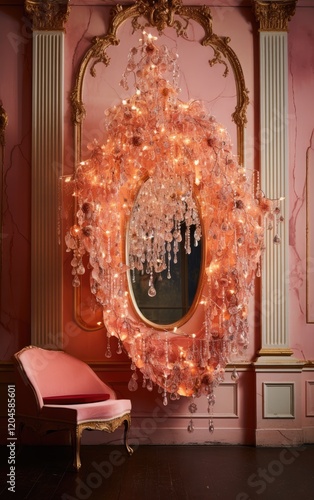 Pink Room Interior with Crystal Chandelier and Elegant Chair
