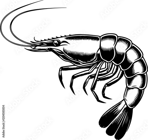 Illustration of shrimp in monochrome style. Shrimp in logo style. Design element for logo, emblem, sign, badge, poster. Vector illustration