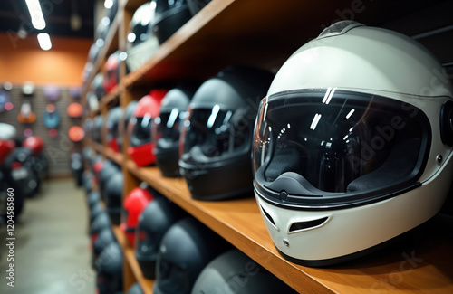 Motorcycle helmets in various colors displayed on shelves in store. Modern designs, safety equipment highlighted. Variety of protective gear showcased in retail environment. Customers browse through photo