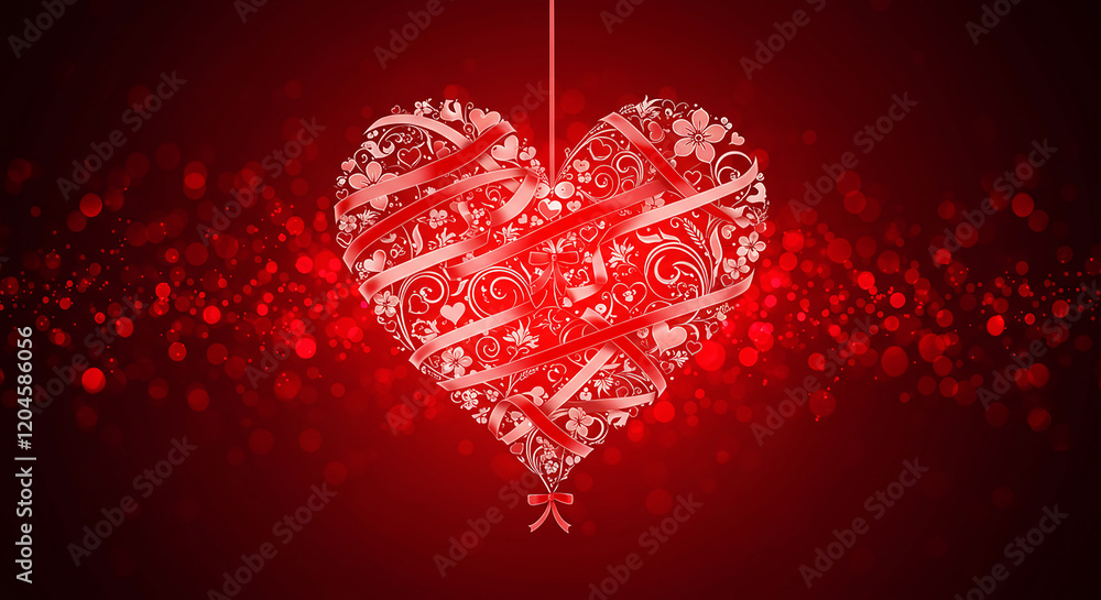 Ornate Red Heart with Ribbons Flowers and Bokeh Background Valentine s Day Design Ornate Red Heart with Ribbons Flowers and Bokeh Background Valentine s Day Design