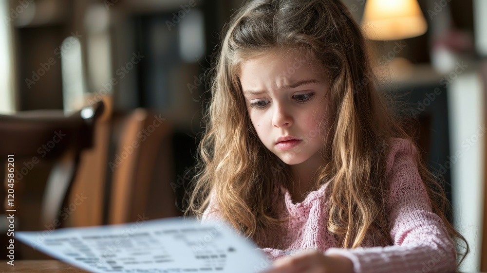 A concerned young girl intently examines a piece of paper, reflecting a moment of contemplation in a cozy, softly lit environment. A concerned young girl intently examines a piece of paper, reflecting a moment of contemplation in a cozy, softly lit environment.