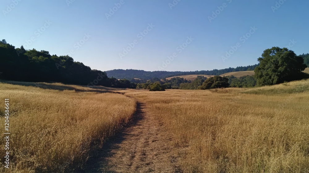 Serene Golden Meadow Path: A Tranquil Countryside Vista Serene Golden Meadow Path: A Tranquil Countryside Vista