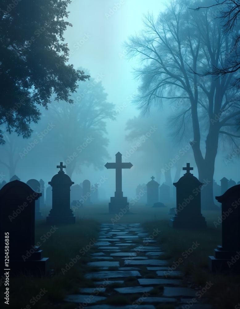 Misty graveyard scene shows tombstones, cross in foggy atmosphere. Ancient path leads through quiet cemetery. Eerie stillness, solemn ambiance evoke remembrance. Foggy landscape suggests spiritual Misty graveyard scene shows tombstones, cross in foggy atmosphere. Ancient path leads through quiet cemetery. Eerie stillness, solemn ambiance evoke remembrance. Foggy landscape suggests spiritual