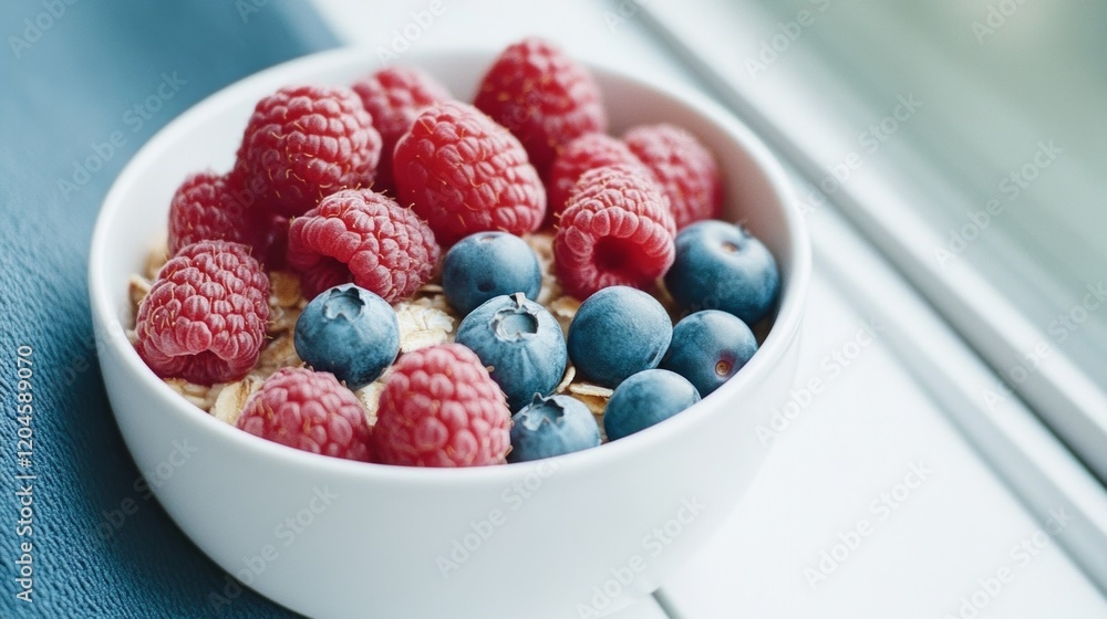 A bowl filled with vibrant raspberries and blueberries resting on granola, capturing the essence of a healthy, colorful breakfast. A bowl filled with vibrant raspberries and blueberries resting on granola, capturing the essence of a healthy, colorful breakfast.