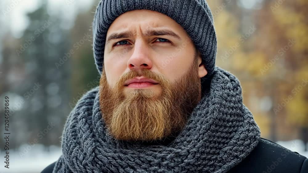Man with a beard wearing a knit hat and scarf in a winter landscape with trees in the background Man with a beard wearing a knit hat and scarf in a winter landscape with trees in the background