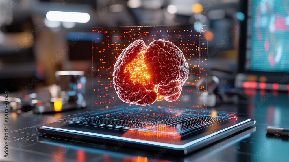 Obraz premium high resolution 3D representation of human brain with glowing neural connections, showcasing advanced technology and digital visualization in modern lab environment