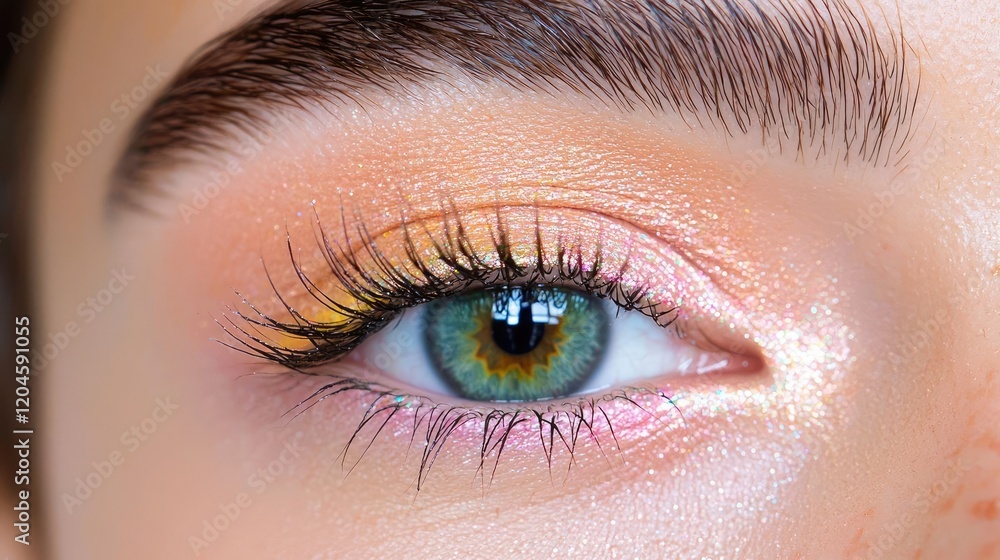 Obraz premium Close-up of a woman's eye with peachy makeup