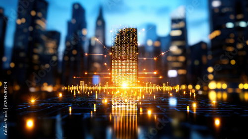 futuristic cityscape featuring glowing skyscraper with digital elements, symbolizing technology and innovation. vibrant lights create dynamic atmosphere