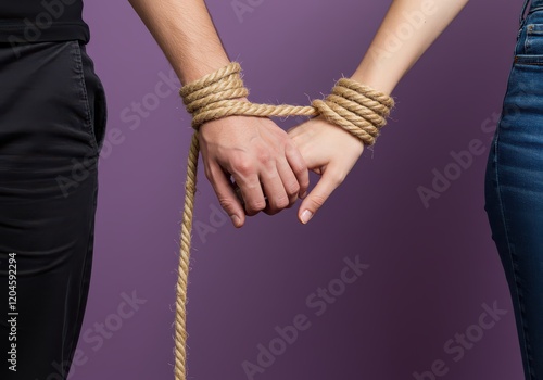 A man and a woman hold hands tied with a rope, symbolizing the entanglement and pain of codependent relationships photo