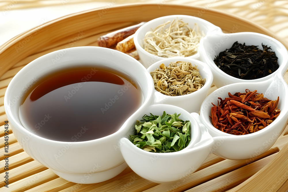 Herbal tea assortment, bamboo tray, close-up, studio. Herbal tea assortment, bamboo tray, close-up, studio.