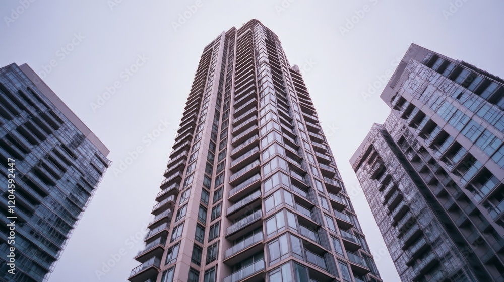 Towering skyscrapers reach into a gray sky, their sleek glass façades reflecting the muted daylight, epitomizing urban modernity and ambition. Towering skyscrapers reach into a gray sky, their sleek glass façades reflecting the muted daylight, epitomizing urban modernity and ambition.
