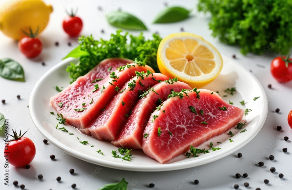 Fresh tuna fillet slices on white plate. Prepared for eating cooking. Ingredients like lemon, parsley near plate. Healthy, delicious seafood dish. Tasty, ready to enjoy. Perfect for lunch dinner. Fresh tuna fillet slices on white plate. Prepared for eating cooking. Ingredients like lemon, parsley near plate. Healthy, delicious seafood dish. Tasty, ready to enjoy. Perfect for lunch dinner.