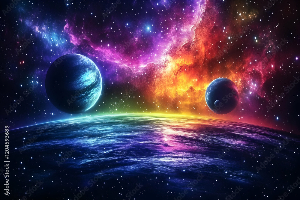 Obraz premium Cosmic Landscape with Vibrant Nebula and Planets