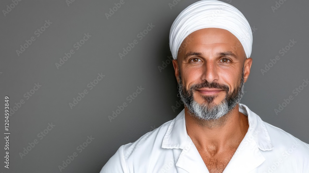Smiling man in white turban and robe, grey background. Portrait for healthcare or spirituality Smiling man in white turban and robe, grey background. Portrait for healthcare or spirituality