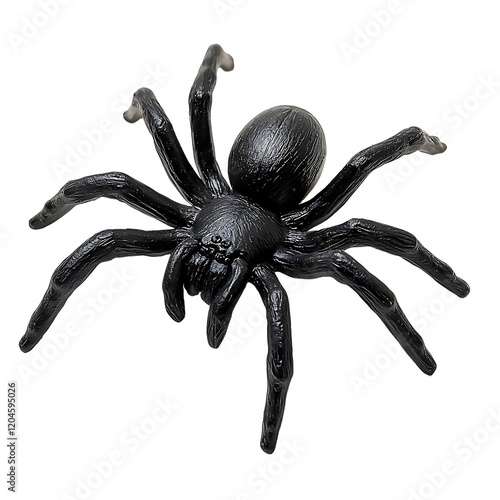 A fake rubber spider toy, isolated over a white background, depicting a black spider toy in a comic horror theme for Halloween. photo