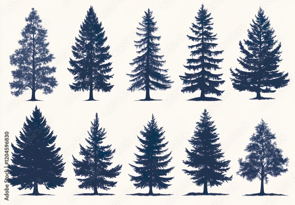 Obraz premium Fir trees silhouettes set. Coniferous spruce horizontal