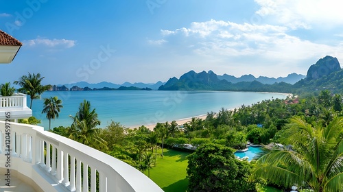 A stunning coastal view featuring lush greenery, a serene beach, and mountains under a bright blue sky, perfect for a tropical getaway.
