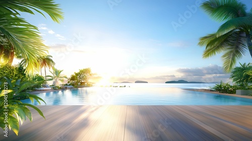 A serene tropical landscape featuring a shimmering pool, palm trees, and a beautiful sunrise over tranquil waters.
