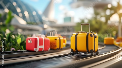 Colorful suitcases on a moving track in a vibrant, sunny environment, suggesting travel and adventure.