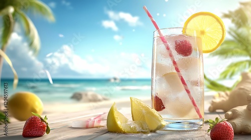 A refreshing drink with ice, strawberries, and lemon slices sits on a beachside table, with a sunny ocean view in the background.