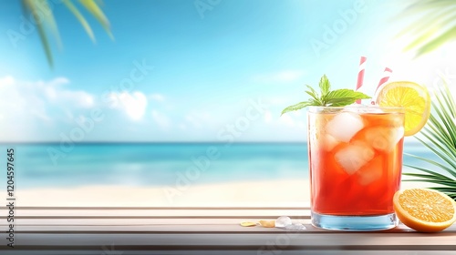 A refreshing cocktail garnished with mint and orange sits on a beachside table, with a vibrant ocean view in the background.