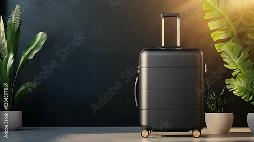 A sleek black suitcase stands against a dark wall, surrounded by potted plants, bathed in warm sunlight, ready for travel.