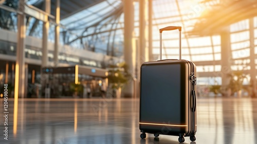 A sleek suitcase stands alone in a modern airport terminal, illuminated by warm sunlight filtering through expansive glass windows.
