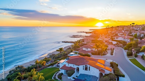A stunning coastal sunset view over a serene beach, featuring luxurious homes and vibrant colors in the sky.