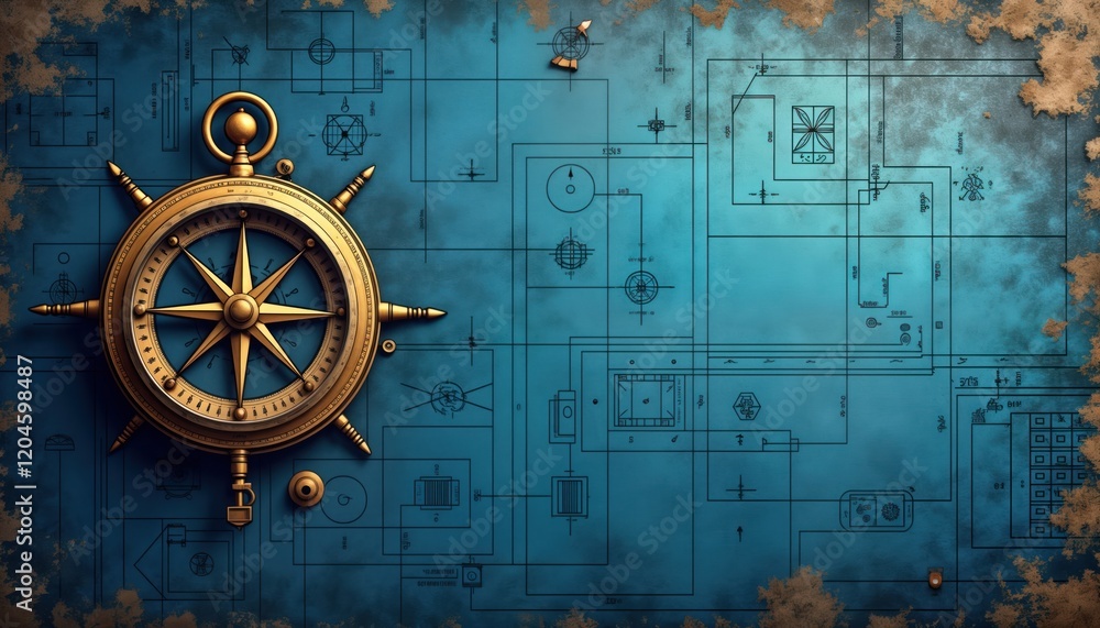 Naklejka premium Vintage gold compass on blue grunge background. Nautical design with technical blueprints. Represents exploration, navigation. Antique style. Travel theme. Symbol of direction, journey. Great graphic
