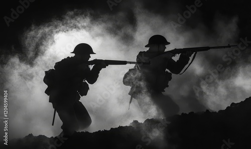In a foggy landscape during wartime, the silhouetted soldiers in the trench convey a deep sense of tension and expectation, immersed in the context of a significant historical conflict.