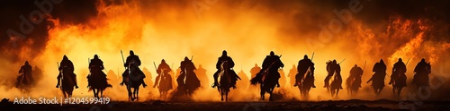 In a fog-shrouded battlefield of medieval times, cavalry and infantry clash. The fighters are visible as individual silhouettes against a misty, twilight background.