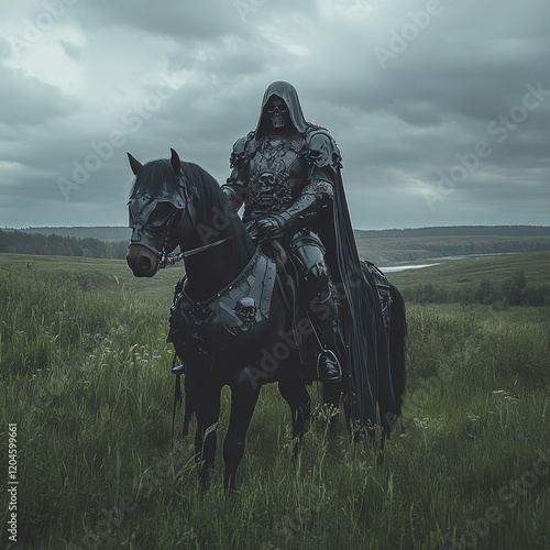 A Dark Fantasy Warrior clad in black armor and a hooded cloak, astride a black steed, navigates a misty medieval landscape in a captivating horse-riding adventure.