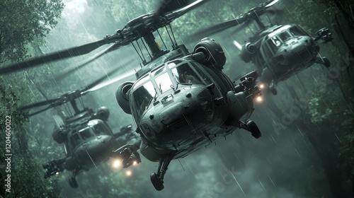 Helicopters, flying close to the ground, navigate through a dense jungle enshrouded in mist.