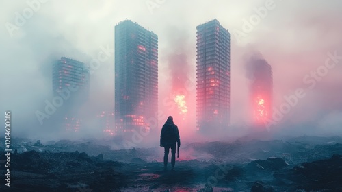 A solitary figure, cloaked in enigma, prowls through a desolate urban landscape, a haunting vestige of a lost civilization.
