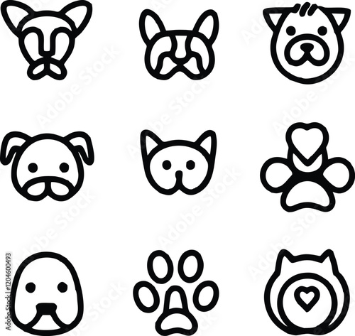 Set of 9 outline icons related to pet friendly vector illustration white background