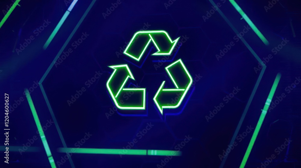 Fototapeta premium luminous green recycling symbol against a intricate neon circuitry patterns