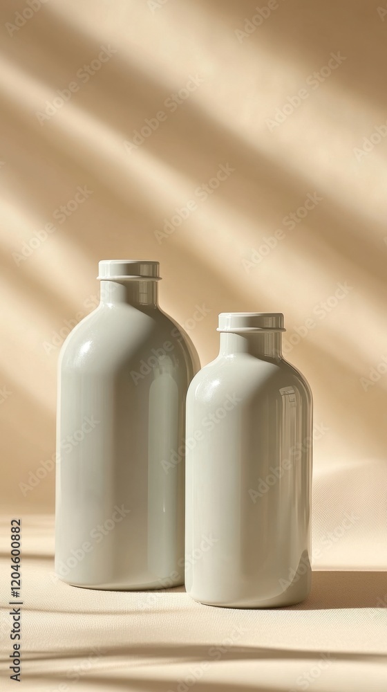 Elegant ceramic bottles on a soft beige background with gentle shadows Elegant ceramic bottles on a soft beige background with gentle shadows