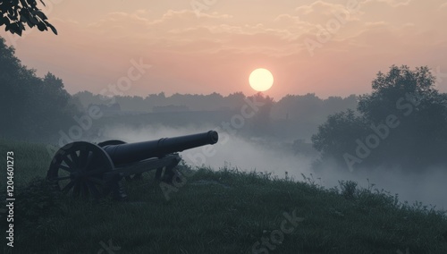 At sunrise, a Revolutionary War cannon rests on a grassy hill, surrounded by soft fog and trees in the background.