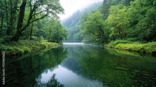 Calm river reflecting lush forest, misty morning, tranquil nature scene, ideal for travel brochures