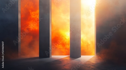 In the backdrop, three imposing pillars stand amidst a dense, smoke-filled blaze, casting an atmosphere of peril and turmoil.