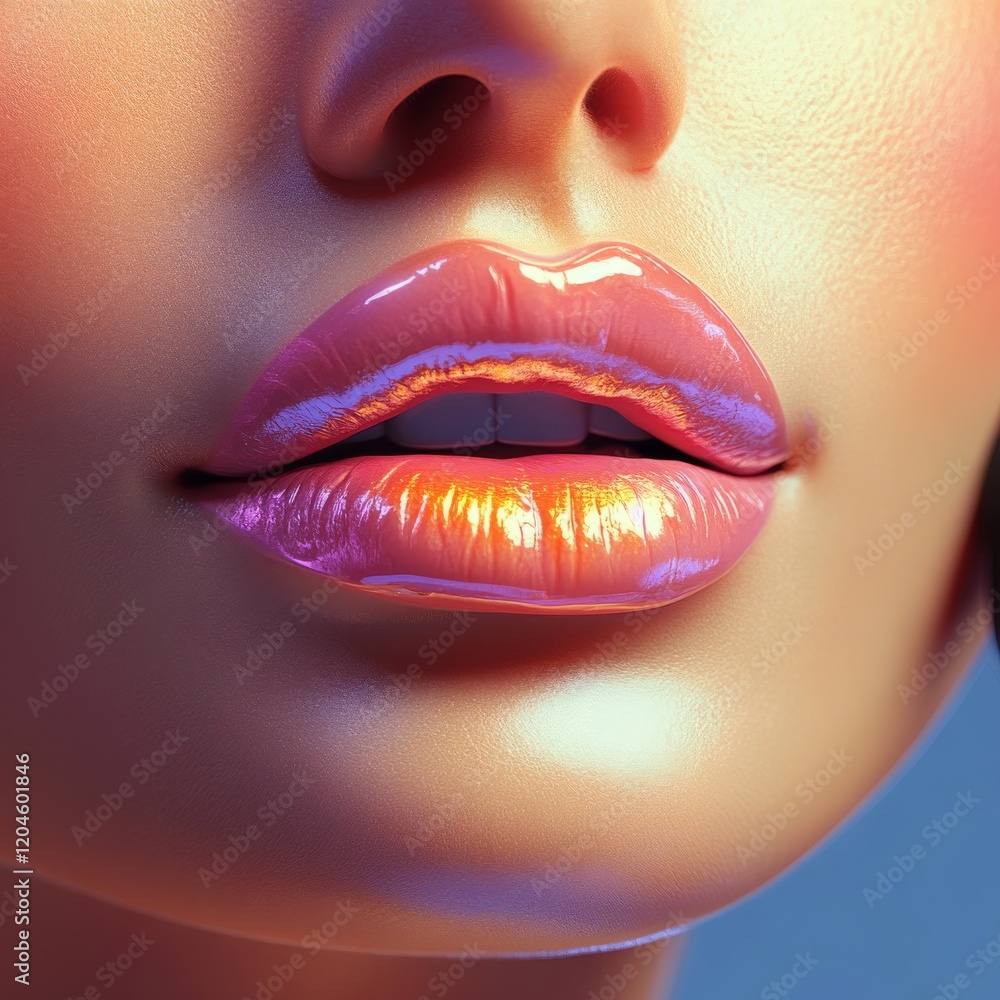 Obraz premium Digital illustration of a telemarketer's lips in vibrant colors. 3D art in colorful patterns of a woman's lips for magazine cover.