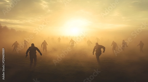 A wartime scene unfolding dramatically as soldiers run through fog at sunrise