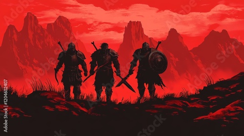 The fight is concluded. Around the last standing Viking, who battles against the blood-red sky with a spear, defeated warriors gather. The spear is planted firmly in the ground. Smoke rises skyward. photo