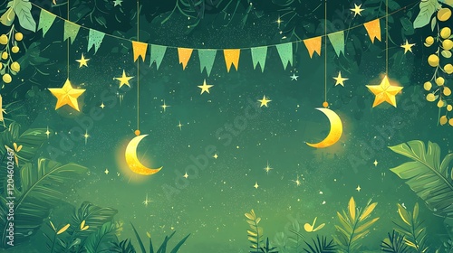 Selamat Hari Raya Aidilfitri horizontal banners Selamat Hari Raya Aidilfitri horizontal banners. Vector illustration. Hanging ketupat and crescent with stars, garlands on green background. Caption: Fa